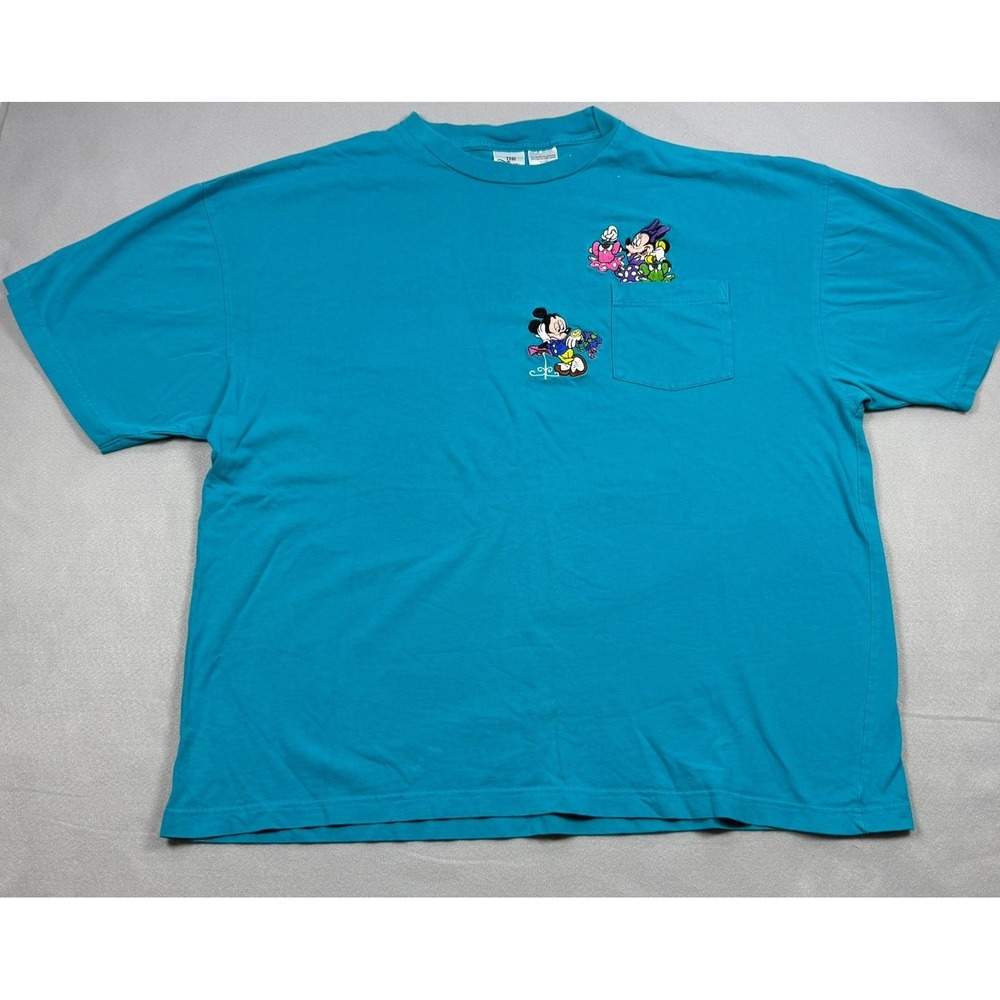 Vintage Disney Store Mickey Minnie Mouse Embroidered Pocket TShirt Teal Blue XXL